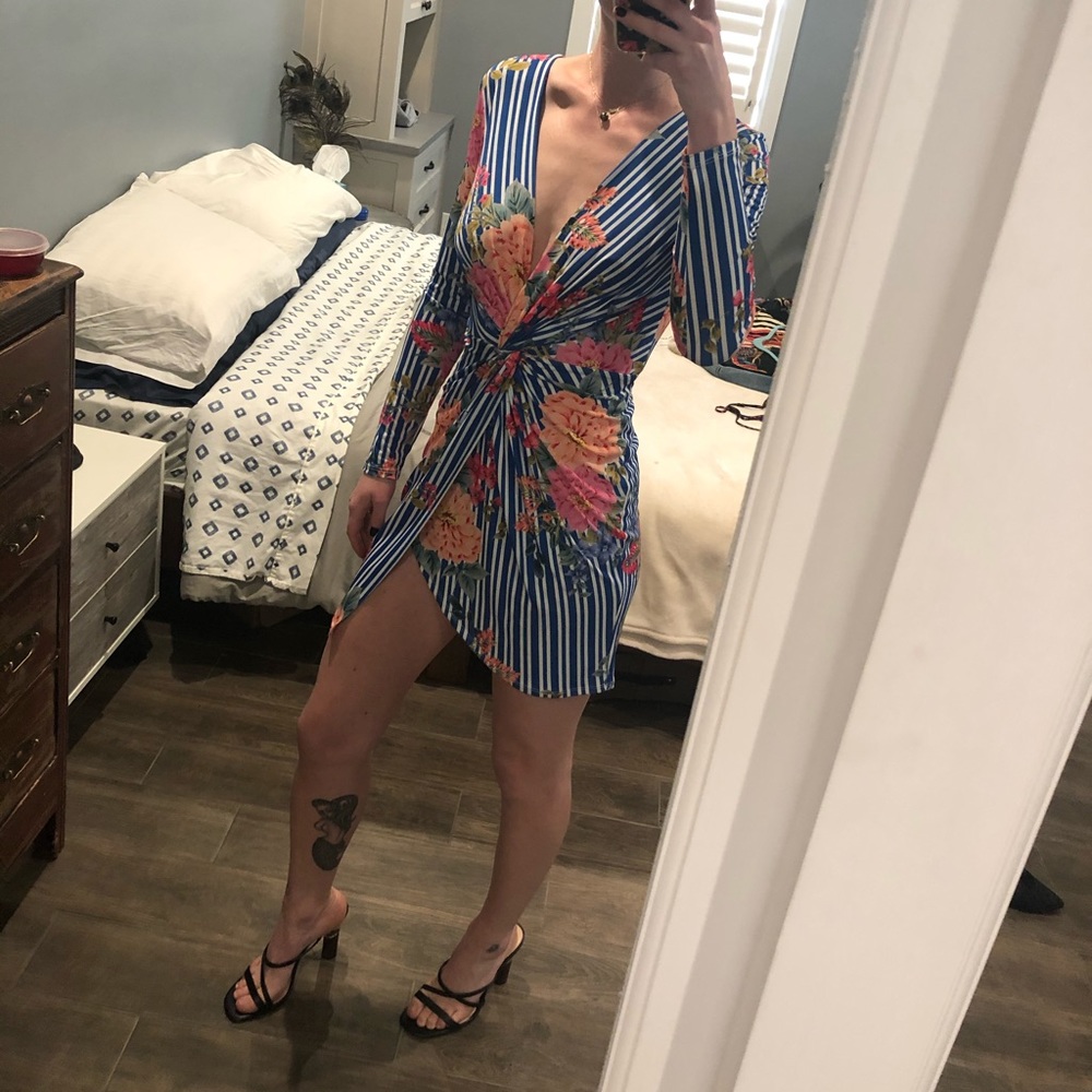 Floral striped mini body con dress